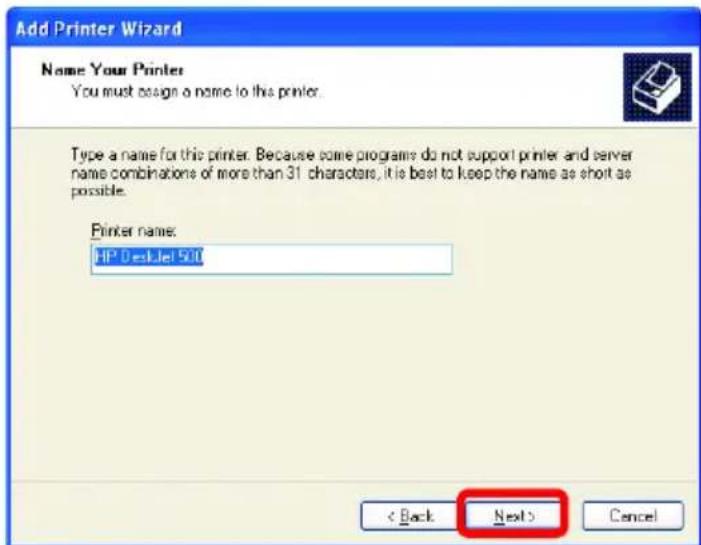 Add Printer Wizard Name Your Printer You must assign a name to this printer. Type a name for this printer. Because some programs do not support printer and server name combinations of more than 31 characters, it is best to keep the name as short as possible. Printer name: HP DeskJet 5.01 < Back Next > Cancel