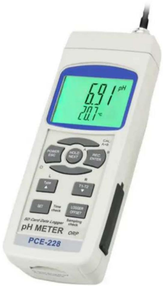 6.91 pH 20.7°C POWER ESC HOLD NEXT REC ENTER CAL A+B L R Type T1-T2 SET Time check LOGGER OFFSET SD Card Data Logger pH METER ORP PCE-228