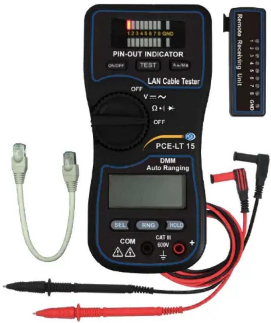 PIN-OUT INDICATOR ON/OFF TEST Aa/MS LAN Cable Tester OFF V=~ Ω•| OFF PCE-LT 15 DMM Auto Ranging SEL RNG HOLD COM CAT III 600V Remote Receiving Unit 1 2 3 4 5 6 7 8 GND