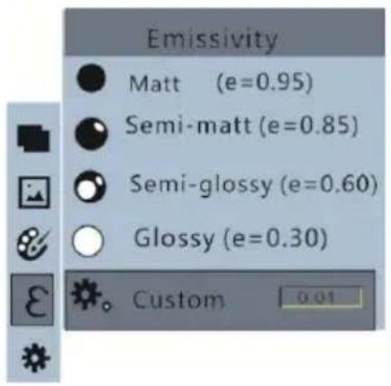 Emissivity Matt (e=0.95) Semi-matt (e=0.85) Semi-glossy (e=0.60) Glossy (e=0.30) Custom 0.01
