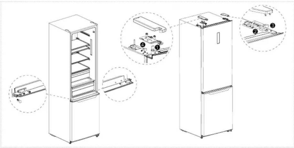 Technical diagram of a refrigerator with labeled components and exploded view, showing front, side, and top views with numbered parts.