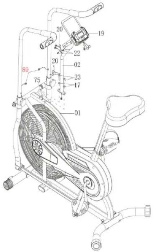 Technical diagram of an exercise bike with numbered components and labeled parts