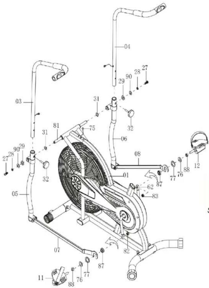 Technical diagram of an exercise machine with numbered components and labeled parts