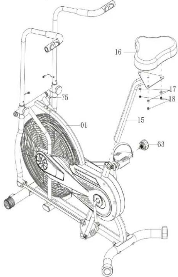 Technical diagram of an exercise bike with numbered components and labeled parts