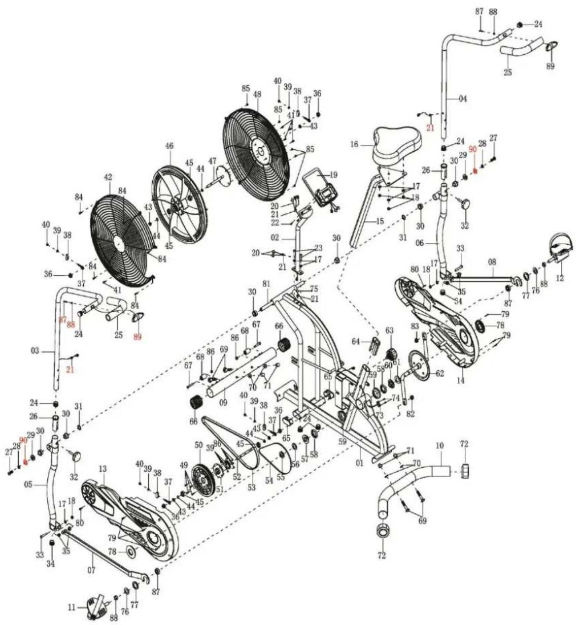 Exploded view diagram of a stationary exercise vehicle with numbered components and labeled parts