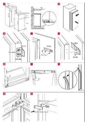 Technical diagram showing various door and cabinet components with labeled parts and directional arrows