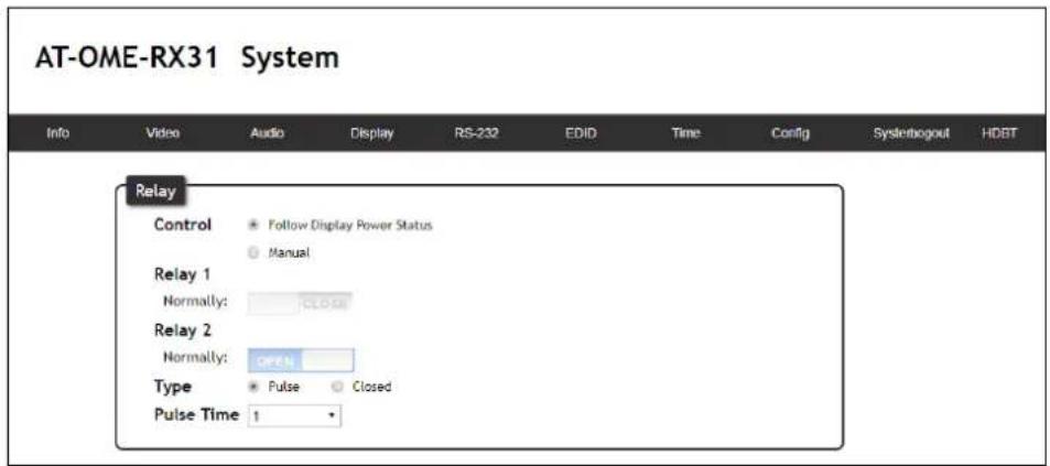 AT-OME-RX31 System Info Video Audio Display RS-232 EDID Time Config Systerbogout HDBT Relay Control Follow Display Power Status Manual Relay 1 Normally: CLOSE Relay 2 Normally: Open Type Pulse Closed Pulse Time 1