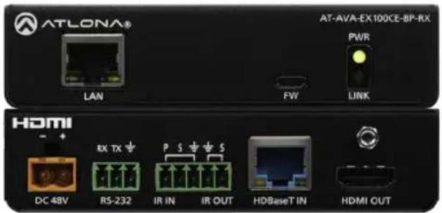 ATLONA® LAN FW LINK AT-AVA-EX100CE-BP-RX PWR HDMI DC 48V RX TX RS-232 IR IN IR OUT HDBaseT IN HDMI OUT