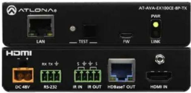ATLONA® LAN TEST FW LINK AT-AVA-EX100CE-BP-TX PWR HDMI DC 48V RX TX + RS-232 IR IN IR OUT HDBaseT OUT HDMI IN