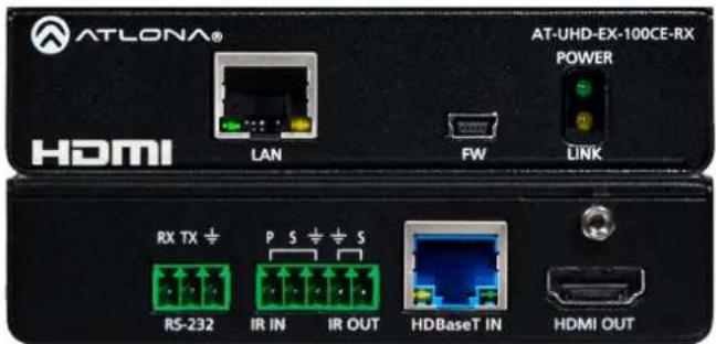 ATLONA® HDMI LAN FW LINK AT-UHD-EX-100CE-RX POWER RX TX ÷ P S ÷ S RS-232 IR IN IR OUT HDBaseT IN HDMI OUT