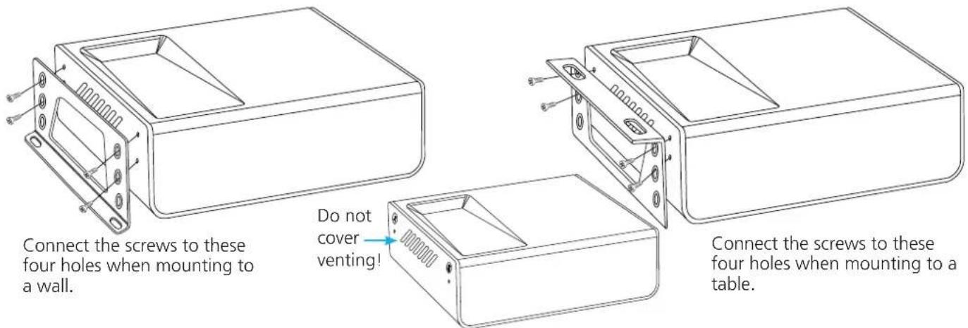 Connect the screws to these four holes when mounting to a wall. Do not cover venting! Connect the screws to these four holes when mounting to a table.