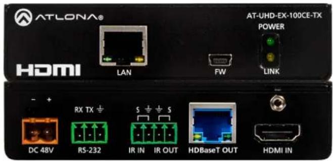 ATLONA® HDMI LAN FW LINK - + RX TX ÷ S ÷ ÷ S DC 48V RS-232 IR IN IR OUT HDBaseT OUT HDMI IN AT-UHD-EX-100CE-TX POWER