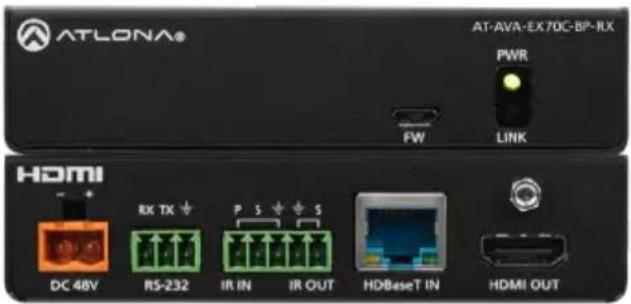 ATLONA® AT-AVA-EX70C-BP-RX PWR FW LINK HDMI DC 48V RX TX RS-232 IR IN IR OUT P S S HDBaseT IN HDMI OUT