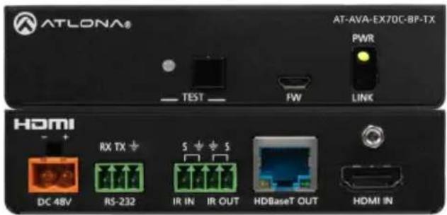 ATLONA® AT-AVA-EX70C-BP-TX PWR TEST FW LINK HDMI DC 48V RX TX S IR IN IR OUT HDBaseT OUT HDMI IN