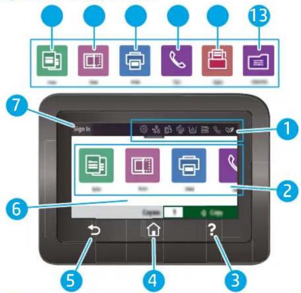 Diagram of a tablet device showing labeled UI components including printer, phone, and print icons with numbered annotations.