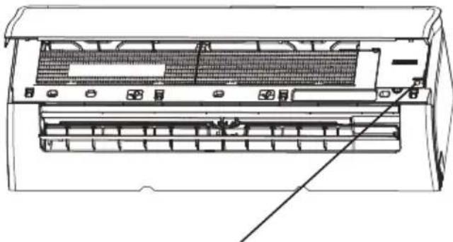 Technical line drawing of an air conditioner unit with ventilation grilles and cooling fins (no text or symbols)