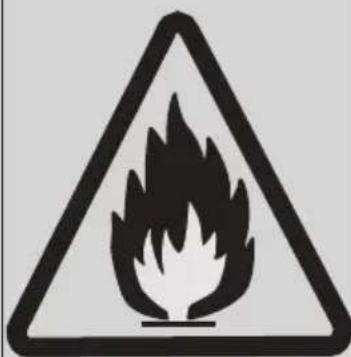 Warning sign depicting a flame symbol in a triangular frame, indicating hazardous risk.