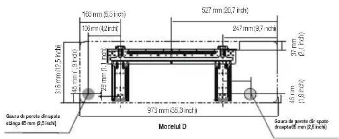 186 mm (3,5 inch) 106 mm (4,2 inch) 527 mm (20,7 inch) 247 mm (9,7 inch) 316 mm (12,5 inch) 48 mm (11,9 inch) 28 mm (11,1 inch) 973 mm (38,3 inch) 37 mm (2,1 inch) 45 mm (1,9 inch) Gaura de perote din spate stänga 85 mm (2,5 inch) Modelul D Gaura de perote din spate drospta 66 mm (2,5 inch)