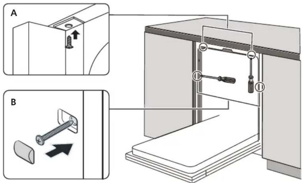 Technical diagram showing two steps of screw installation: (A) assembly with screw and pin, (B) assembly with screw and pin, both pointing to a component.