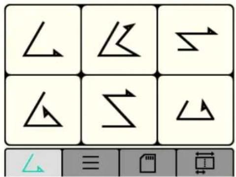 Grid of geometric shapes including right triangles and arrows, with a bottom toolbar showing document, edit, and alignment icons.