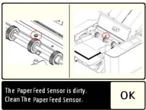 The Paper Feed Sensor is dirty. Clean The Paper Feed Sensor. OK