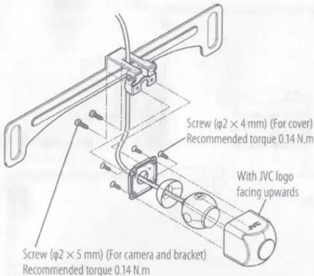 Screw (φ2 × 4 mm) (For cover) Recommended torque 0.14 N.m Screw (φ2 × 5 mm) (For camera and bracket) Recommended torque 0.14 N.m With JVC logo facing upwards