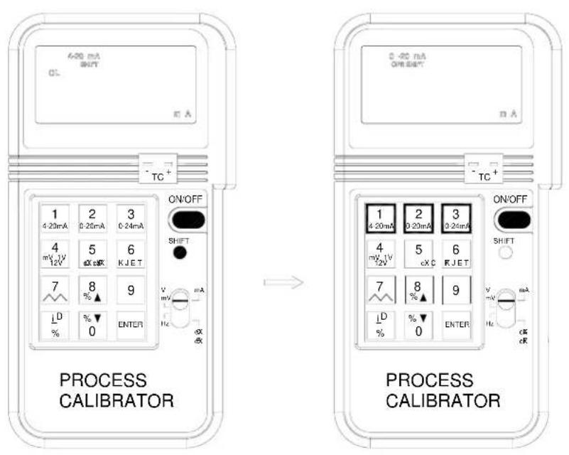 4-20 mA CL 6 A TC+ 1 2 3 4.20mA 0.20mA 0.24mA mV 1V 5 6 12V dX cX K J E T 7 8 9 % ▲ D % ▼ % 0 ENTER ON/OFF SHIFT V mV mA Hz dX dX PROCESS CALIBRATOR C -20 mA ON/OFF TC+ 1 2 3 4.20mA 0.20mA 0.24mA mV 1V 5 6 12V dX c X K J E T 7 8 9 D % ▼ % 0 ENTER ON/OFF SHIFT V mV mA Hz dX cX dX PROCESS CALIBRATOR