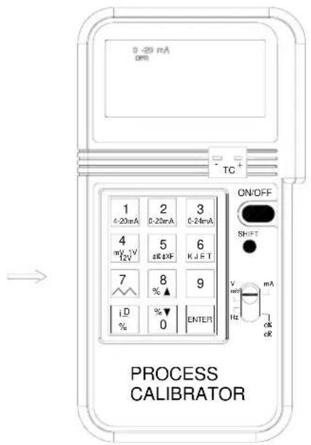0 -20 mA OFF TC+ 1 2 3 ON/OFF 4 5 6 mV, 1V 2.2mA 3.2mA 12V 4.8kΩF KJET 7 8 9 iD %▲ % 0 ENTER PROCESS CALIBRATOR SHIFT V mV Hz mA CK OK