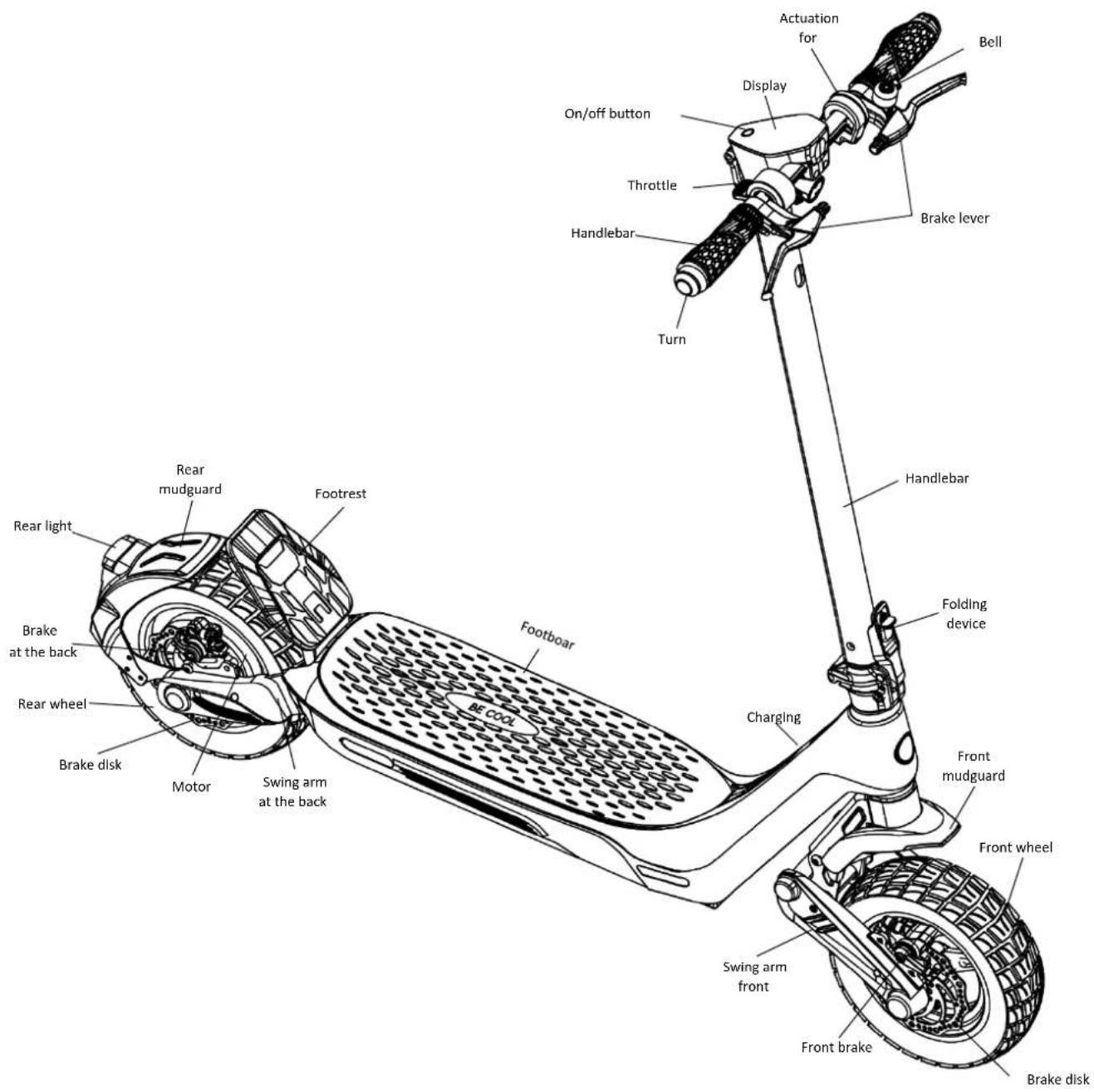 Actuation for Bell Display On/off button Throttle Handlebar Turn Brake lever Handlebar Folding device Charging Front mudguard Front wheel Swing arm front Brake disk Motor Swing arm at the back Rear light Rear mudguard Footrest Footboar BE COOL Rear wheel Brake disk