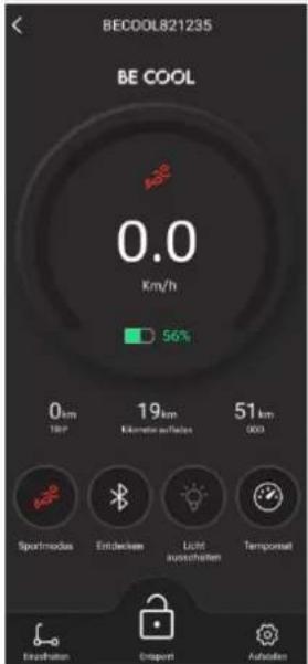 BECOOL821235 BE COOL 0.0 Km/h 56% 0 km TBP 19 km diameter aufholen 51 km 000 Sportmodus Endecken Light auschalten Temporal Enzahlungen Coupent Autozion