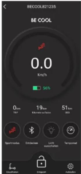 BECOOL821235 BE COOL 0.0 Km/h 56% 0km TBP 19km kilometer aufwand 51km 000 Spartmodus Entdecken Licht ausschaffen Tempomat Extrahlung Entspert Aufgaben