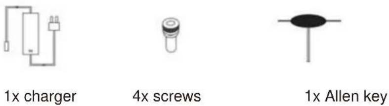 1x charger 4x screws 1x Allen key