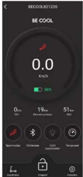 BECOOL821235 BE COOL 0.0 Km/h 56% 0km TBP 19km Emission auf Liefer 51km 000 Sportmodus Entdeckem Light ausstehlen Tempomat Enzufshafen Crosport Autozafion