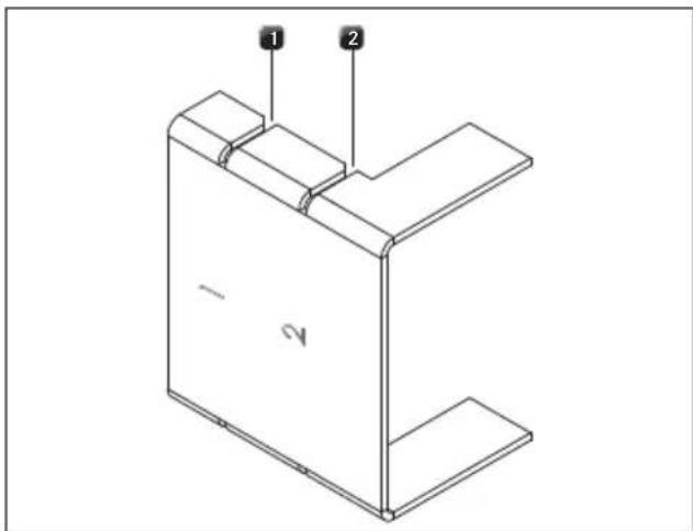 Technical diagram of a 3D mechanical part with labeled parts 1 and 2