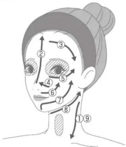 Anatomical diagram of a human face with numbered callouts indicating specific regions or zones for facial massage or acupressure.