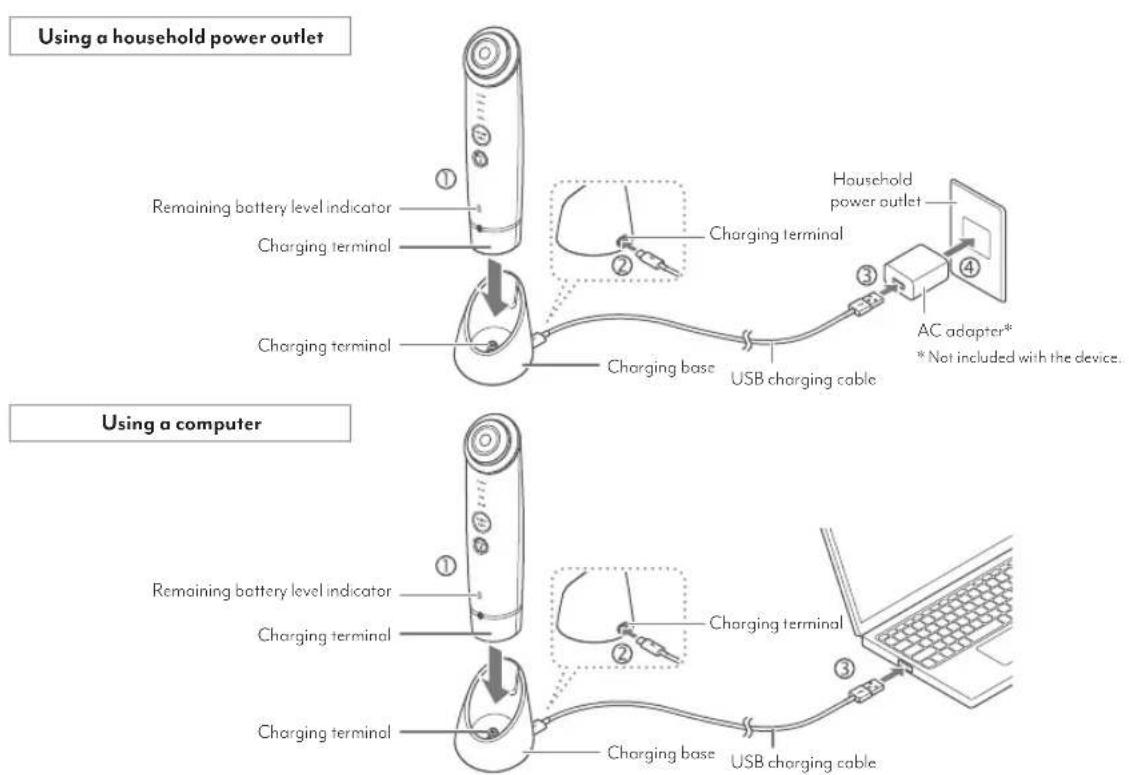 Using a household power outlet Remaining battery level indicator Charging terminal Charging terminal Charging base USB charging cable Household power outlet AC adapter* * Not included with the device. Using a computer Remaining battery level indicator Charging terminal Charging terminal Charging bas…