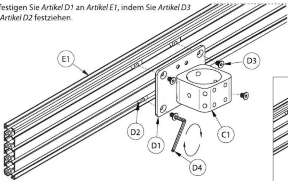 festigen Sie Artikel D1 an Artikel E1, indem Sie Artikel D3 Artikel D2 festziehen.