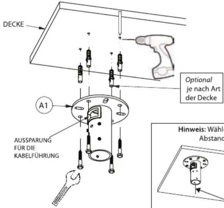 DECKE A1 AUSSPARUNG FÜR DIE KABELFÜHRUNG Optional je nach Art der Decke Hinweis: Wähle Abstand