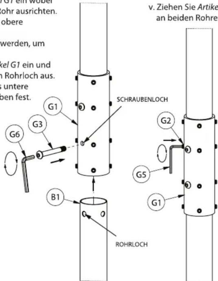 G7 ein wobert ohr ausrichten. obere werden, um kel G1 ein und in Rohrloch aus. untere pen fest. v. Ziehen Sie Artikel an beiden Rohre SCHRAUBENLOCH G2 G5 G1 B1 ROHRLOCH