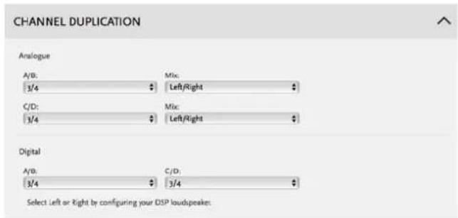 CHANNEL DUPLICATION Analogue A/B: 3/4 Mix: Left/Right C/D: 3/4 Mix: Left/Right Digital A/B: 3/4 C/D: 3/4 Select Left or Right by configuring your DSP loudspeaker.