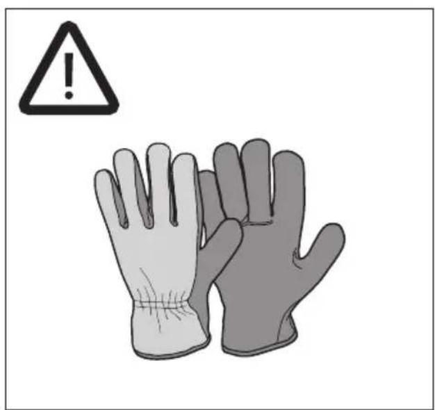 Warning symbol and image showing a pair of gloves with an exclamation mark above them.