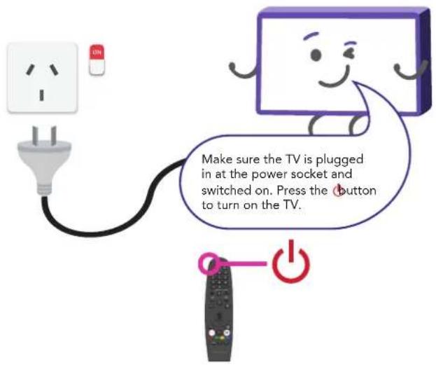 Make sure the TV is plugged in at the power socket and switched on. Press the button to turn on the TV.