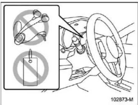 Diagram showing car safety symbols including a no-smoking sign and a car steering wheel, with vehicle number 102873-M labeled.
