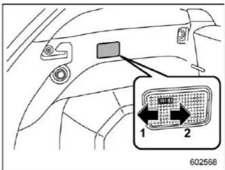 Diagram showing car interior with labeled components and a zoomed-in inset highlighting a grid-patterned component.