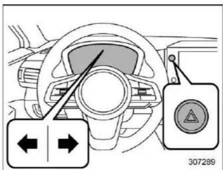 Diagram of a car steering wheel with directional indicators and a warning symbol, labeled 307289