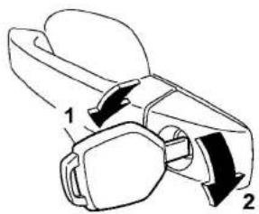 Diagram of a mechanical clamp or clip assembly with labeled parts 1 and 2, showing directional arrows indicating movement.