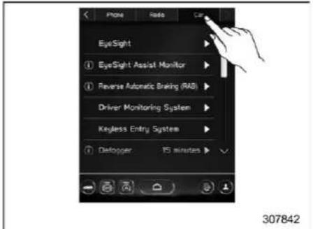 Phone Radio Car EyeSight ① EyeSight Assist Monitor ② Reverse Automatic Braking (RAB) Driver Monitoring System Keyless Entry System ⑦ Dialogger 15 minutes 307842