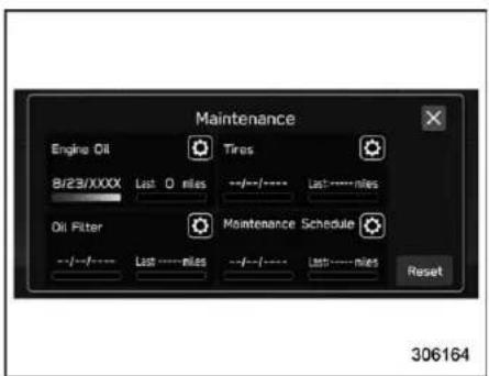 Maintenance Engine Oil Tires Br/23/XXXX Last 0 miles Last----miles Oil Filter Maintenance Schedule ----/---- Last----miles ----/---- Last----miles Reset 306164