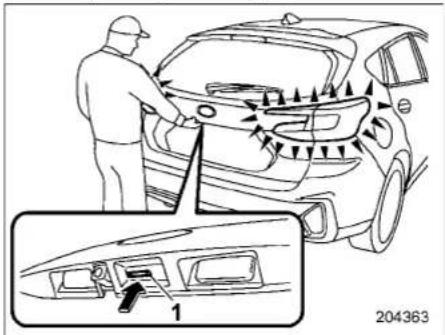 Diagram illustrating car maneuvering with directional arrows and a close-up of the dashboard panel labeled '1'