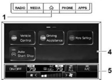 RADIO MEDIA PHONE APPS 1 Vehicle Control Driving Assistance More Settings Auto Start Stop ON/OFF 79 A/C 79 ALL A/C 4 5